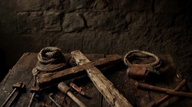 A wooden cross, ropes, tools, and nails on a worn, wooden surface