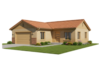 Isolated single-family home exterior with brown walls, clay tile roof, and green grass yard