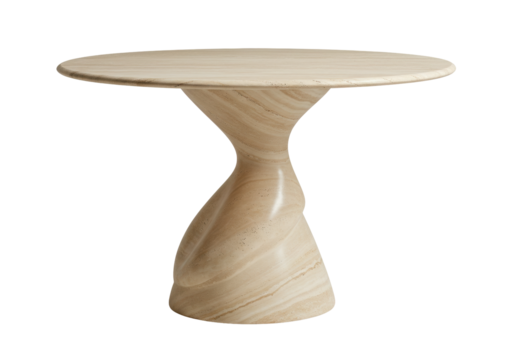 Isolated round travertine dining table, swirling pedestal base furniture, minimalist design