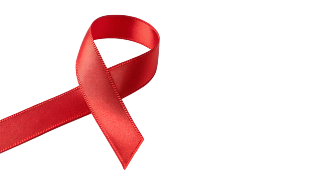 Red ribbon symbolizing awareness and support for health causes and charitable initiatives in communities worldwide isolated on transparent background	