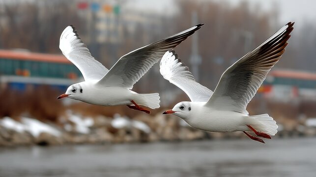 Two seagulls glide gracefully over a calm frozen lake during winter. scene is set against a backdrop of distant trees and colorful buildings