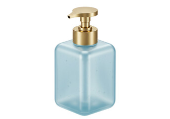 Isolated blue liquid soap dispenser with golden pump and rounded cube shape, clean design