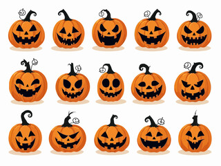 Vector set of carved Halloween pumpkin jack-o-lantern faces with different spooky and funny expressions on white background