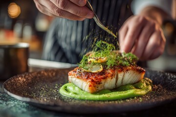 Chef garnishing grilled fish with herbs, served on green puree. Great for restaurant menus, food blogs, or culinary school promotion.