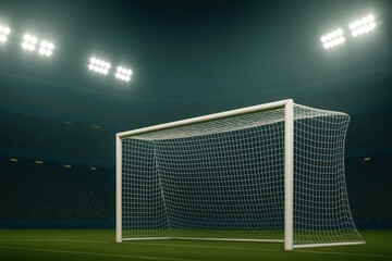 Soccer goal under stadium floodlights with green grass and night atmosphere. Concept of competition, determination, and sports emotion for advertising