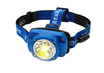 Isolated blue headlamp with elastic head band, shining bright in a studio shot on background © Jonas