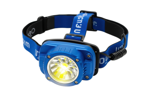 Isolated blue headlamp with elastic head band, shining bright in a studio shot on background