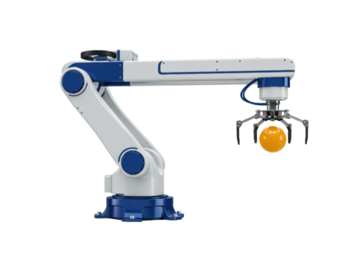 Isolated industrial robot arm with claw holding orange sphere, automation and technology