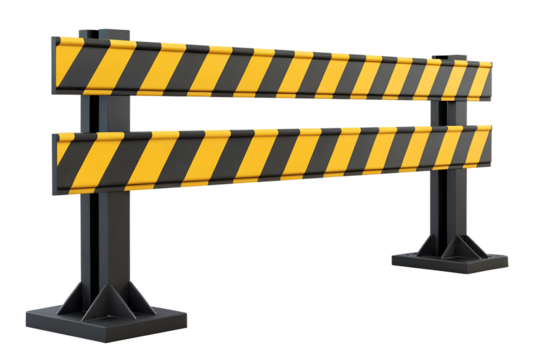 Bright yellow and black striped construction safety barrier with sturdy black posts and bases isolated on transparent background