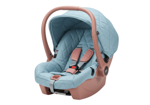 Isolated baby car seat carrier, blue and peach colors, safety transportation for newborn infant