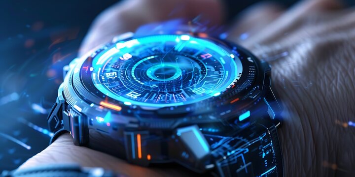 Futuristic smartwatch displays glowing holographic interface on a wrist