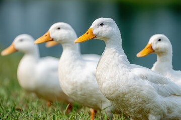 Fototapeta premium Group of white ducks with yellow beaks walking on grassy ground near a lake, with blurred forest background and soft lighting.