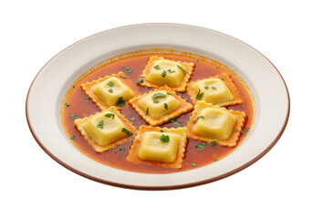 Isolated bowl of savory ravioli soup, a traditional Italian meal, gourmet and delicious