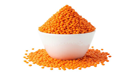 Isolated heap of red lentils in a bowl overflowing, healthy and nutritious grain food