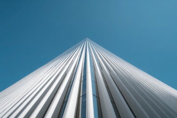 Low-angle view of a tall contemporary skyscraper featuring clean vertical lines and a clear blue sky in the background.