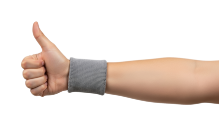 Isolated arm with a wristband doing the thumbs up gesture in front of a neutral background