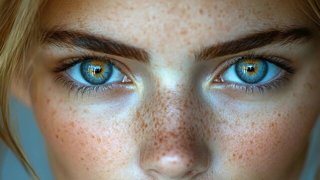 Close-up shot of a woman's face with distinct freckles, ideal for beauty or personal use