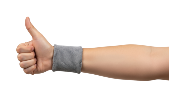 Isolated arm with a wristband doing the thumbs up gesture in front of a neutral background