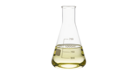 Isolated conical flask with yellow liquid inside for chemical experiment in laboratory