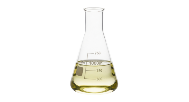 Isolated conical flask with yellow liquid inside for chemical experiment in laboratory