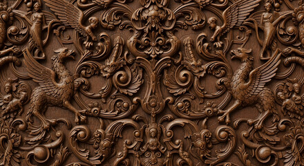 A symmetrical and highly detailed wood carving featuring mythological griffins angels and ornate scrollwork