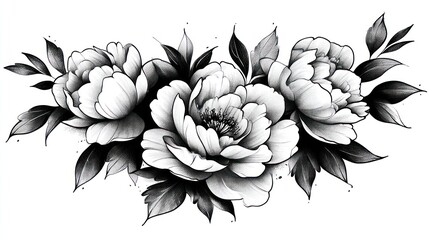 Delicate peony flowers and leaves create a romantic botanical arrangement.