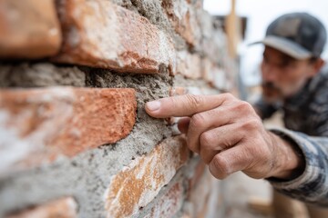Hand points at the fresh mortar on a new brick wall construction project. Shows building, home improvement, or skilled labor jobs concept.