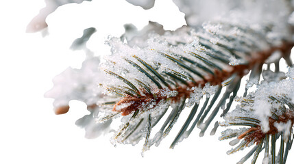 Macro shot of blue icicles and frost on a pine branch in winter, creating a beautiful nature pattern