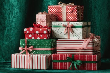 Obraz premium Close-up of various beautifully wrapped gift boxes in vibrant colors and decorative bows, ideal for holidays, celebrations, or birthdays.