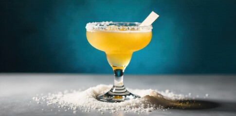 Frozen fruity delight A vibrant, icy blue margarita in a salt rimmed glass, garnished with a lime wedge and a colorful paper umbrella, set against a tropical beach sunset. A frosty, vibrant electric