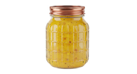 Isolated jar of golden turmeric honey mustard salad dressing with textured glass exterior