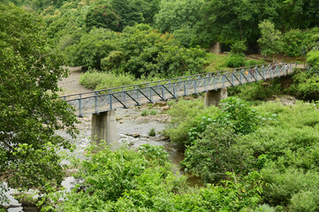 Tourists on Bridge across the Waghora river at Ajanta Caves.