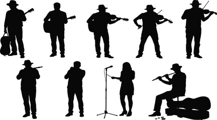 Silhouette musicians performing with diverse instruments including guitar, violin, trumpet, flute, and microphone in artistic vector illustration style