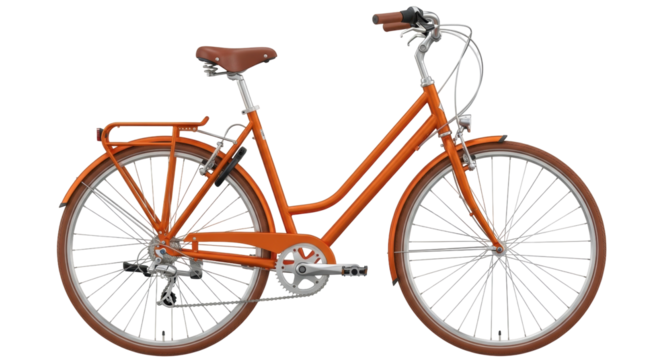 Isolated bicycle, classic orange city bike with brown accessories, studio shot