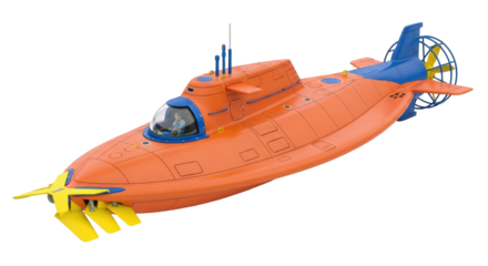 Isolated orange submarine, vintage toy model with a person piloting, on a simple background