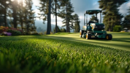 A golf course groundskeeper rides a green lawn mower, maintaining the vibrant grass under tall trees on a sunny day.