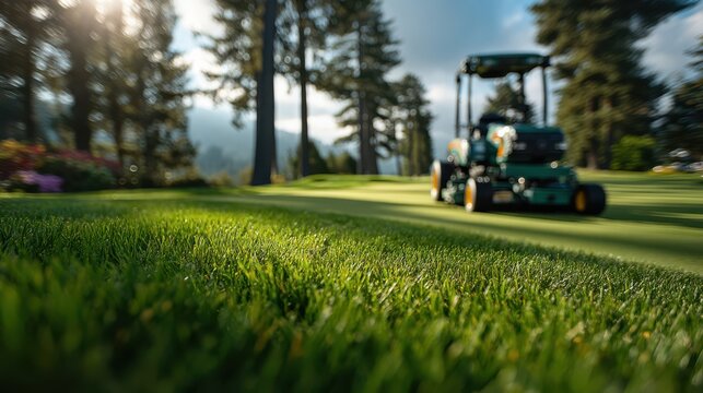 A golf course groundskeeper rides a green lawn mower, maintaining the vibrant grass under tall trees on a sunny day.