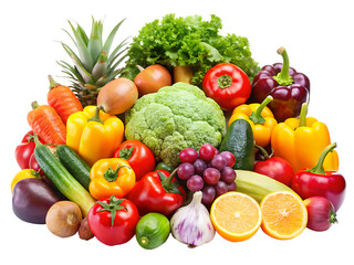Assortment of fresh healthy vegetables and fruits isolated on white background