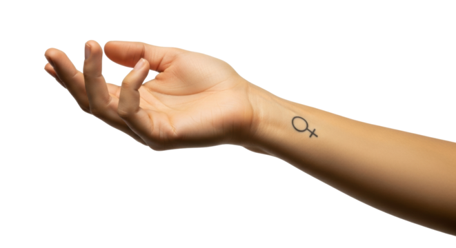 Isolated hand in a zen gesture with the female symbol tattooed on the arm, relaxed expression - Powered by Adobe