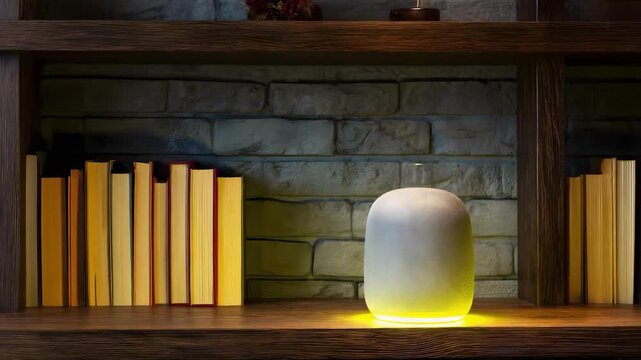 Small white aroma diffuser with a warm yellow glow sits on a wooden shelf beside books, against a stone wall.