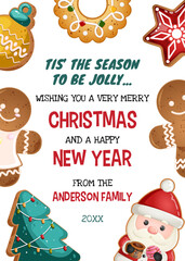Festive Merry Christmas and Happy New Year Card Template with Gingerbread Cookies Frame