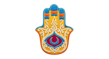 Isolated hamsa charm, ornamental hand symbol of protection, good luck, and blessing amulet