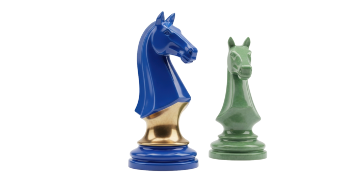 Isolated Horse Head Sculptures Blue, Green Knight Chess Pieces Games of Strategy Board Game