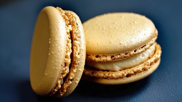 A pair of colorful macarons placed on a table, ready to be enjoyed