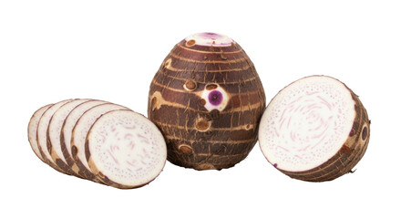 Isolated Taro corm, sliced and whole, an edible root used in Polynesian and Asian cuisine
