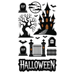 Haunted Halloween Scene Illustration – Tombstones, Bats, Haunted House & Glowing Gate