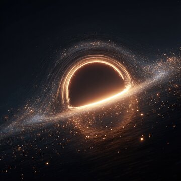 A cosmic depiction of a swirling black hole, emanating light and consuming surrounding matter