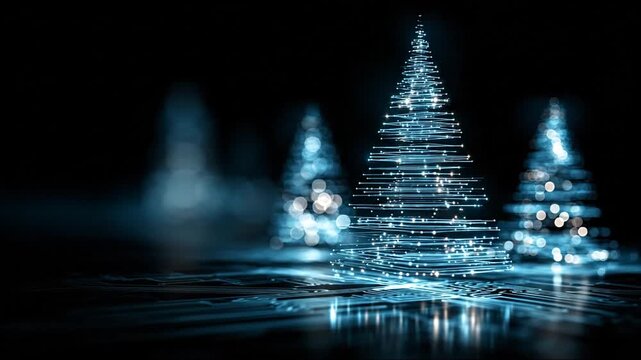 Glowing, stylized Christmas trees made of digital lines in the dark, tech background