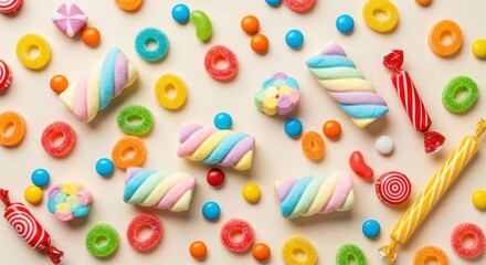 Fototapeta premium Colorful Candy Flat Lay: A Sweet and Playful Confectionery Arrangement