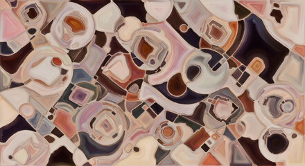 An abstract painting with a complex pattern of geometric shapes and organic forms in muted colors